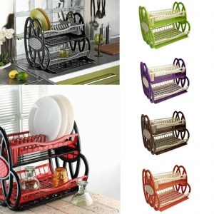 Tier Double Dish Drainer Rack Large Plate Cutlery Cup Holder Plastic Trays