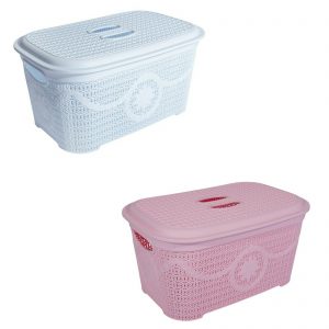 Large Plastic Laundry Basket Lid Rattan Knitted Hamper Washing Clothes Basket